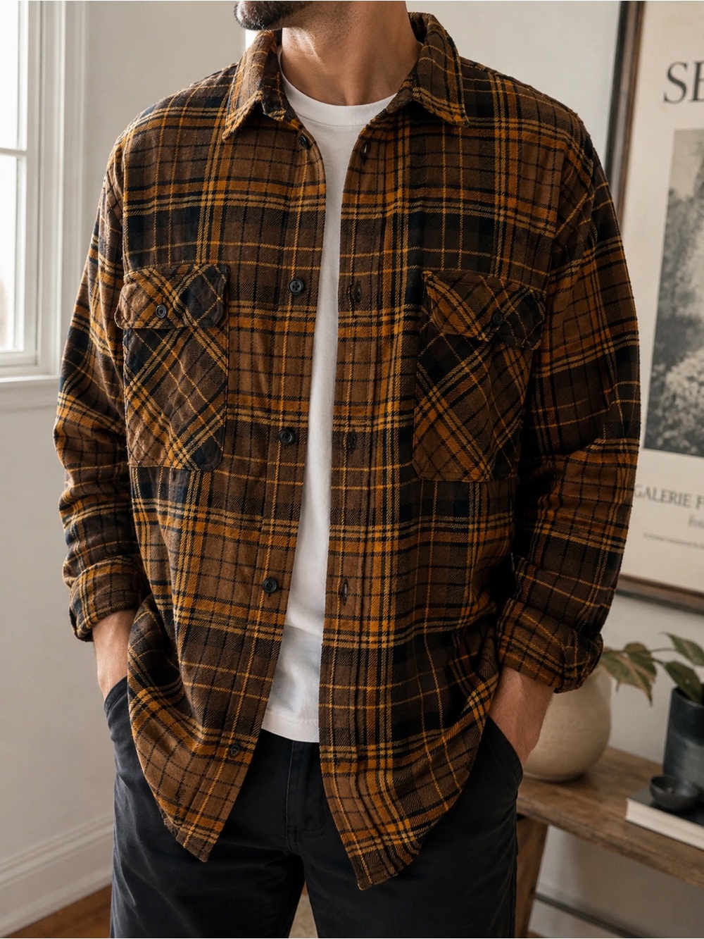 H&M Men’s 3XL Relaxed Fit Brown Mustard Plaid Flannel Shirt fall lumberjack